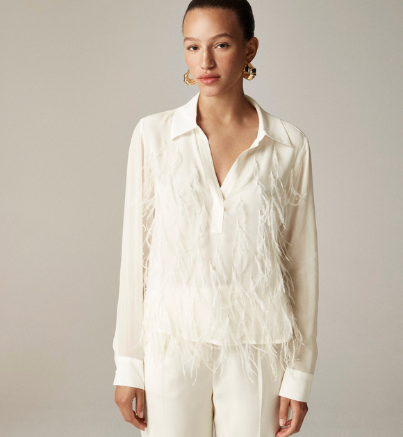 J. Crew Tops - J.Crew Bungalow Feather Embellished Top Chiffon Viscose Blouse Ivory XS NWT